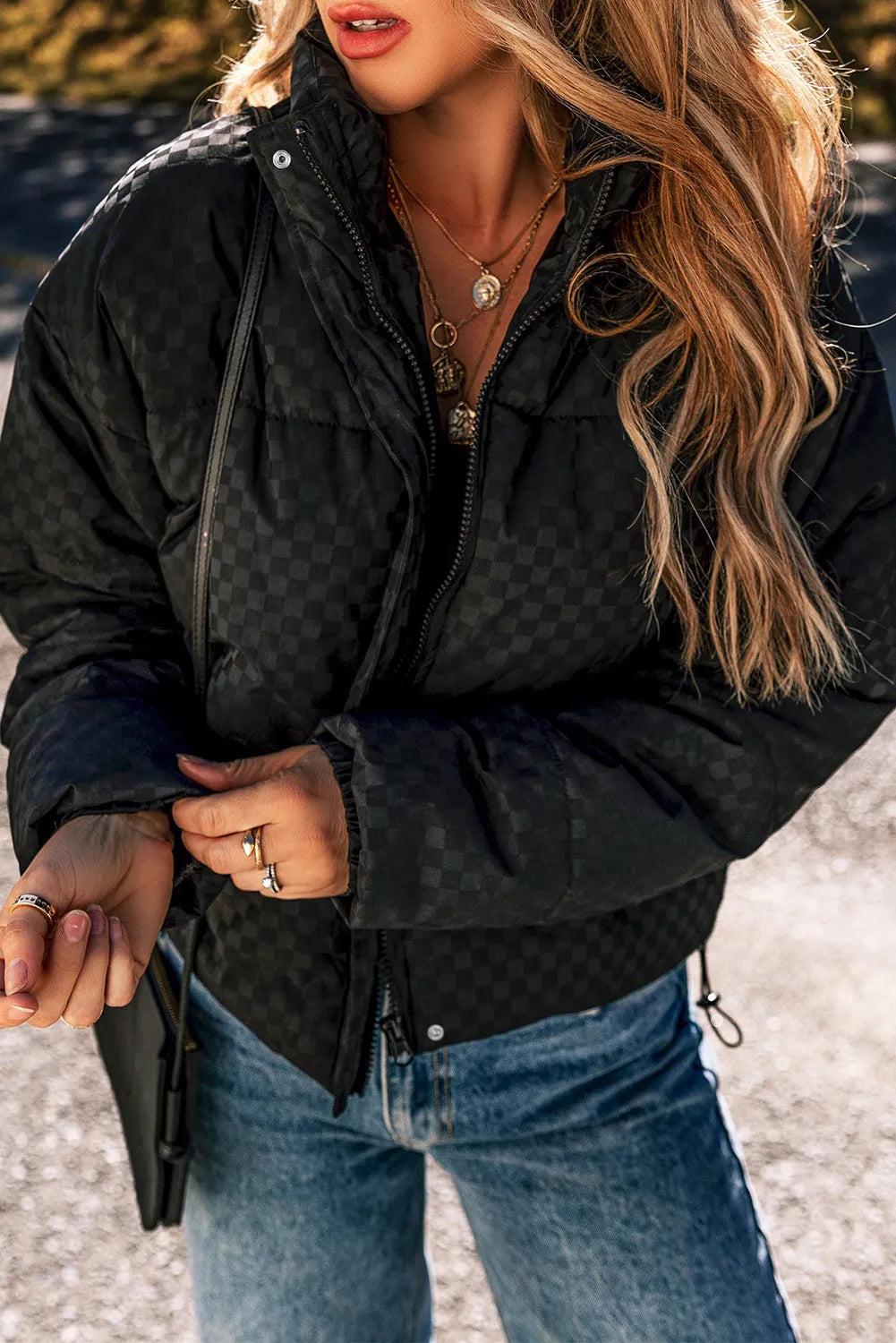 Checkered Turtleneck Zip Up Winter Coat