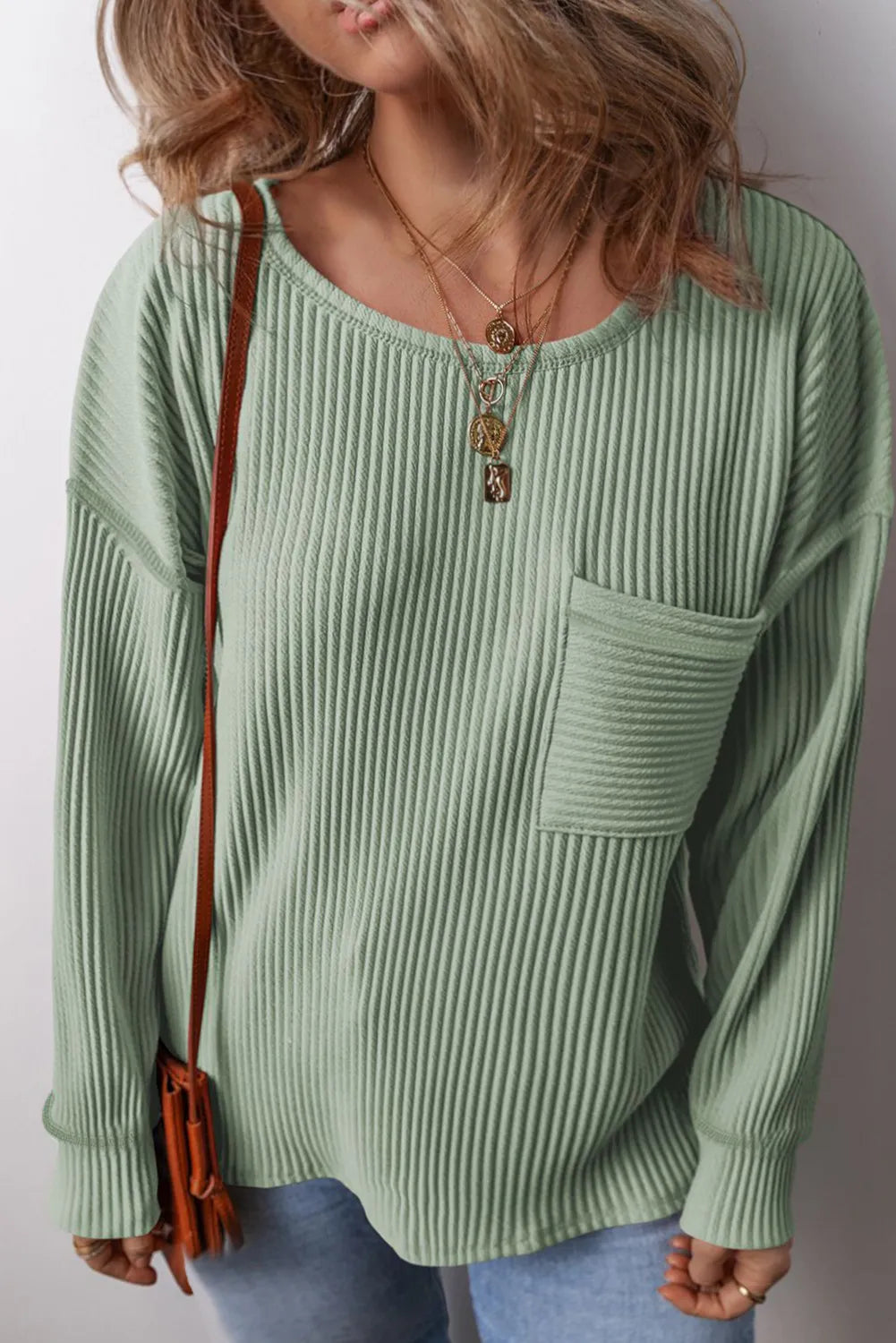 Curve Pocketed Ribbed Round Neck Long Sleeve Top