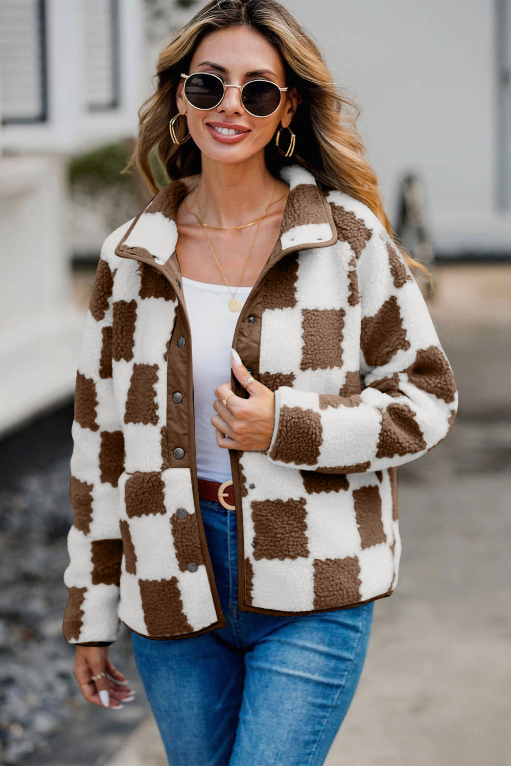 Checkered Snap Down Teddy Jacket