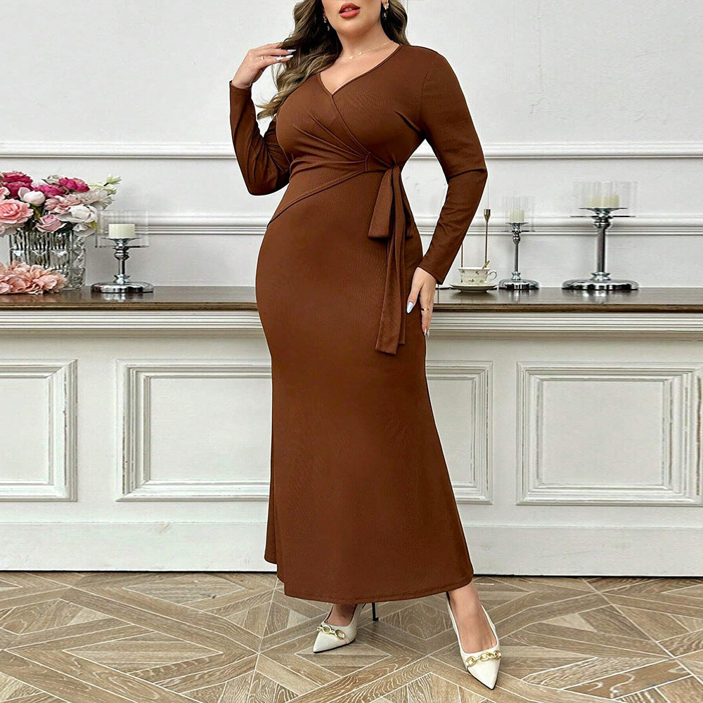 Curve Coffee Brown Tie Wrapped Ankle Length Dress