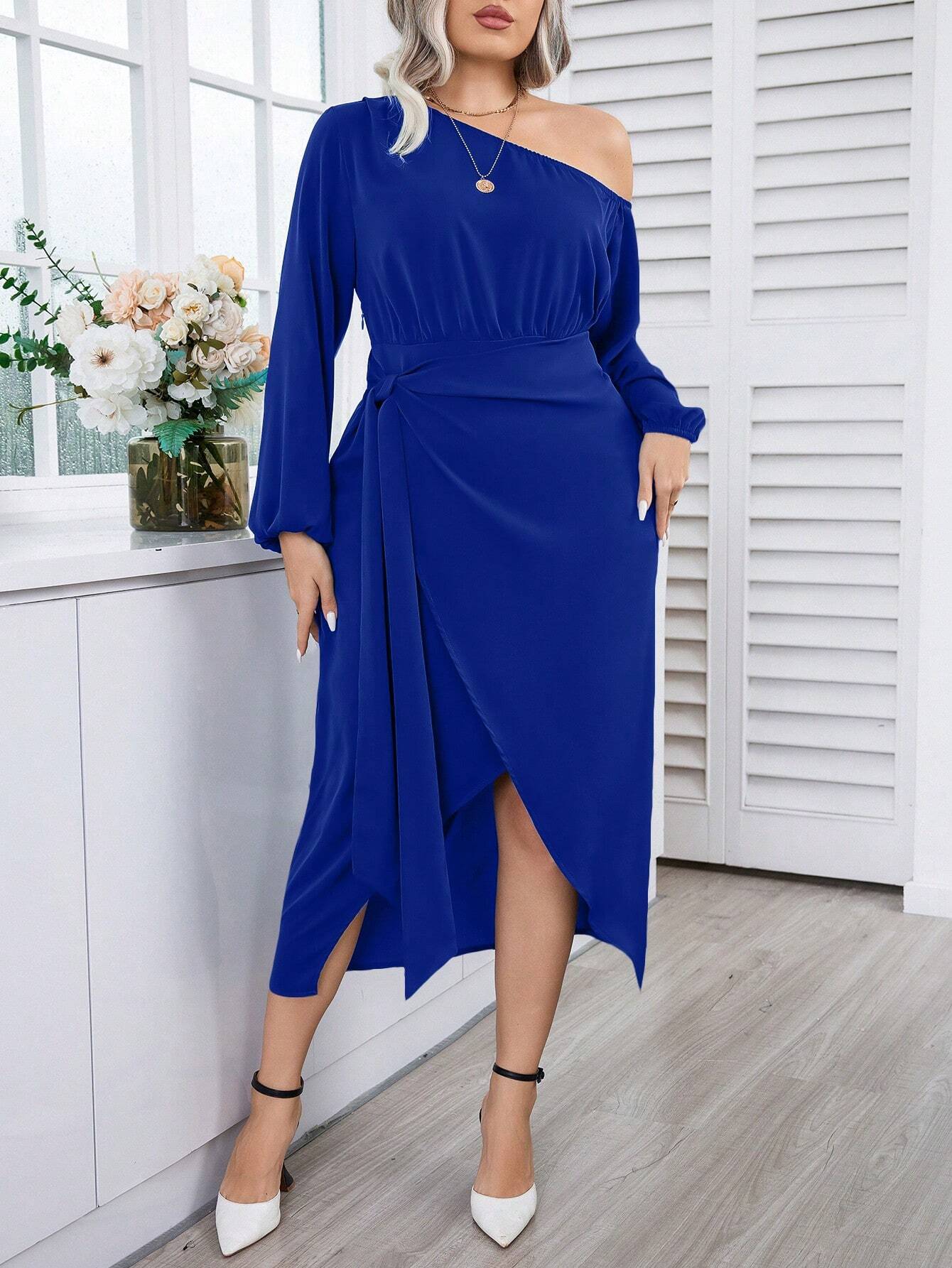 Curve Electric Blue One Shoulder Mid Length Dress