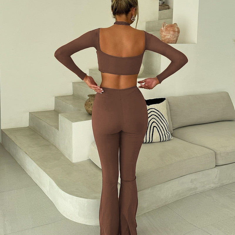 Halter Top Pleated Flared Pants Sports Set
