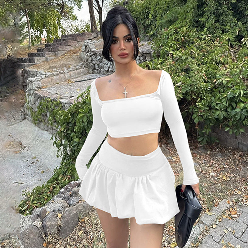Long Sleeve Pleated Skirt Two Piece Set