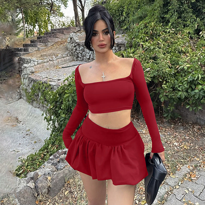 Long Sleeve Pleated Skirt Two Piece Set