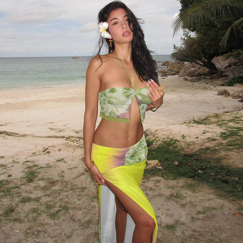 Mesh Printed Halter Top Mid Length Slit Skirt Set