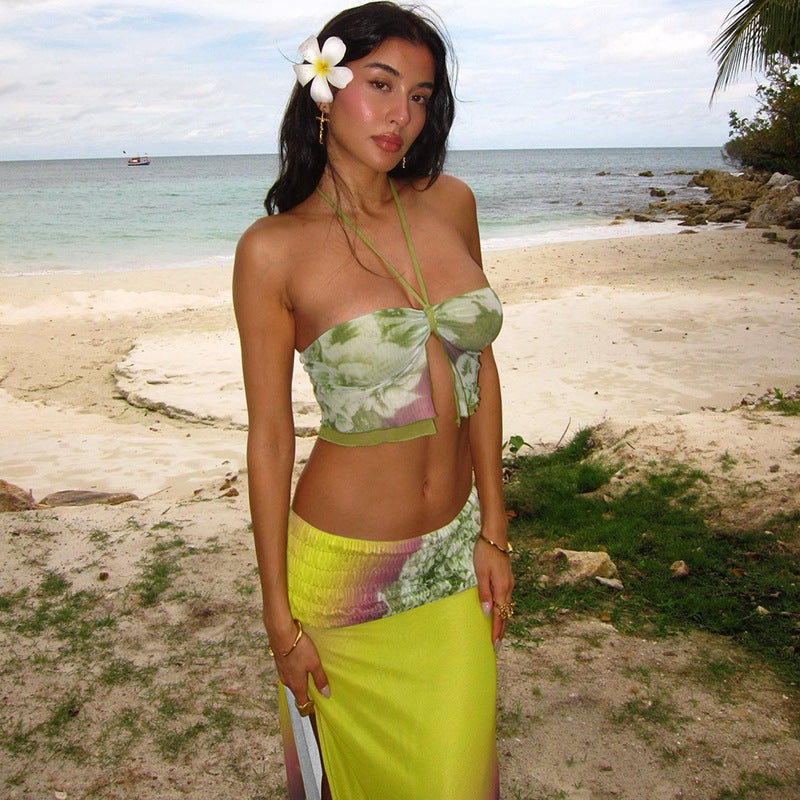 Mesh Printed Halter Top Mid Length Slit Skirt Set