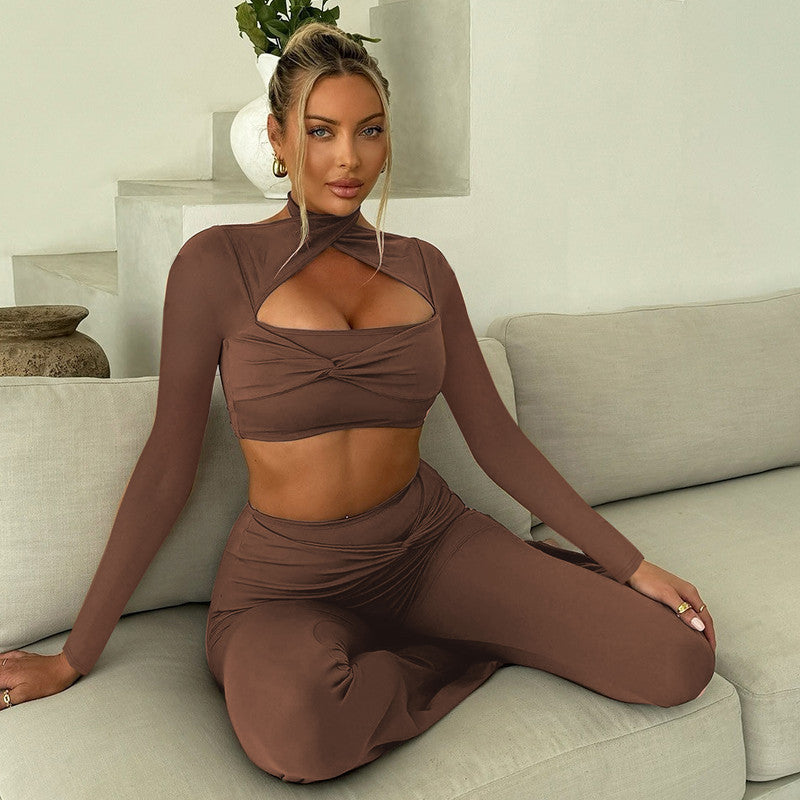 Halter Top Pleated Flared Pants Sports Set