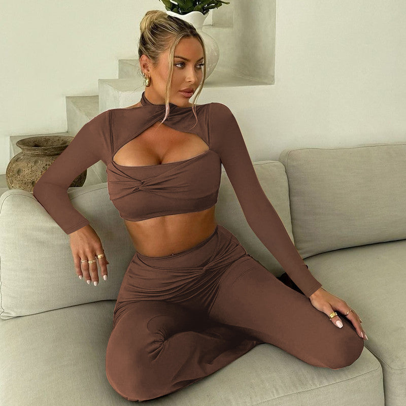 Halter Top Pleated Flared Pants Sports Set