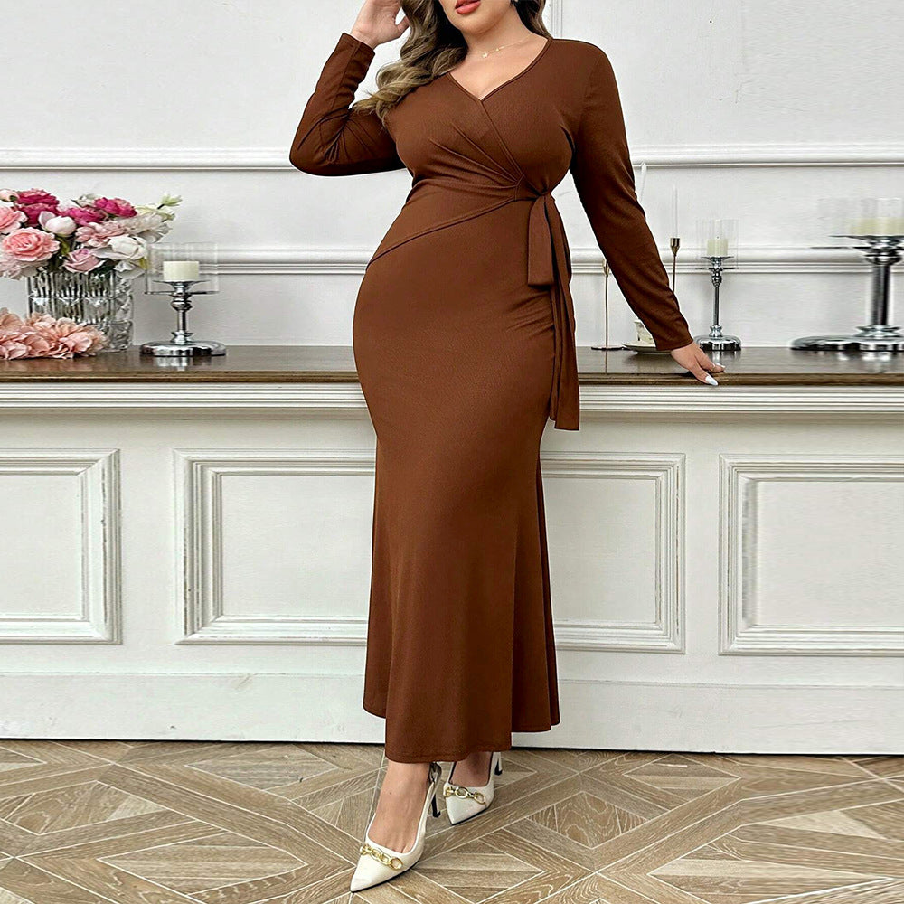Curve Coffee Brown Tie Wrapped Ankle Length Dress