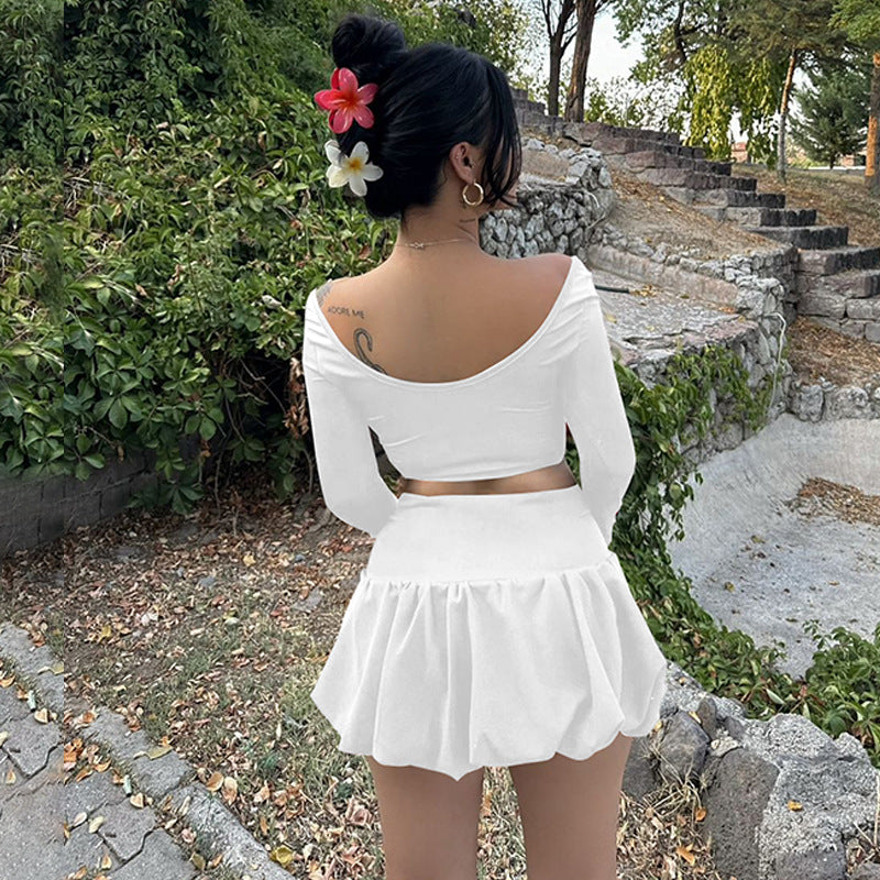 Long Sleeve Pleated Skirt Two Piece Set
