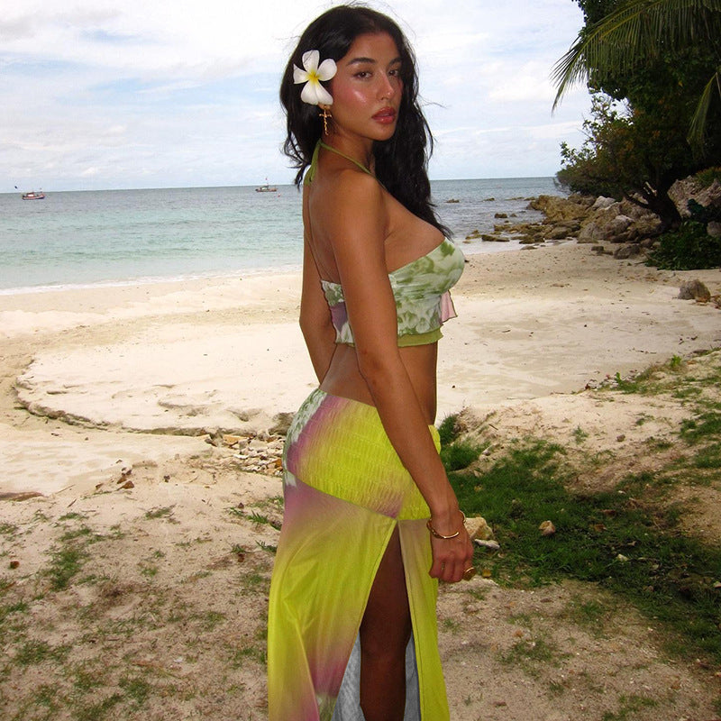 Mesh Printed Halter Top Mid Length Slit Skirt Set