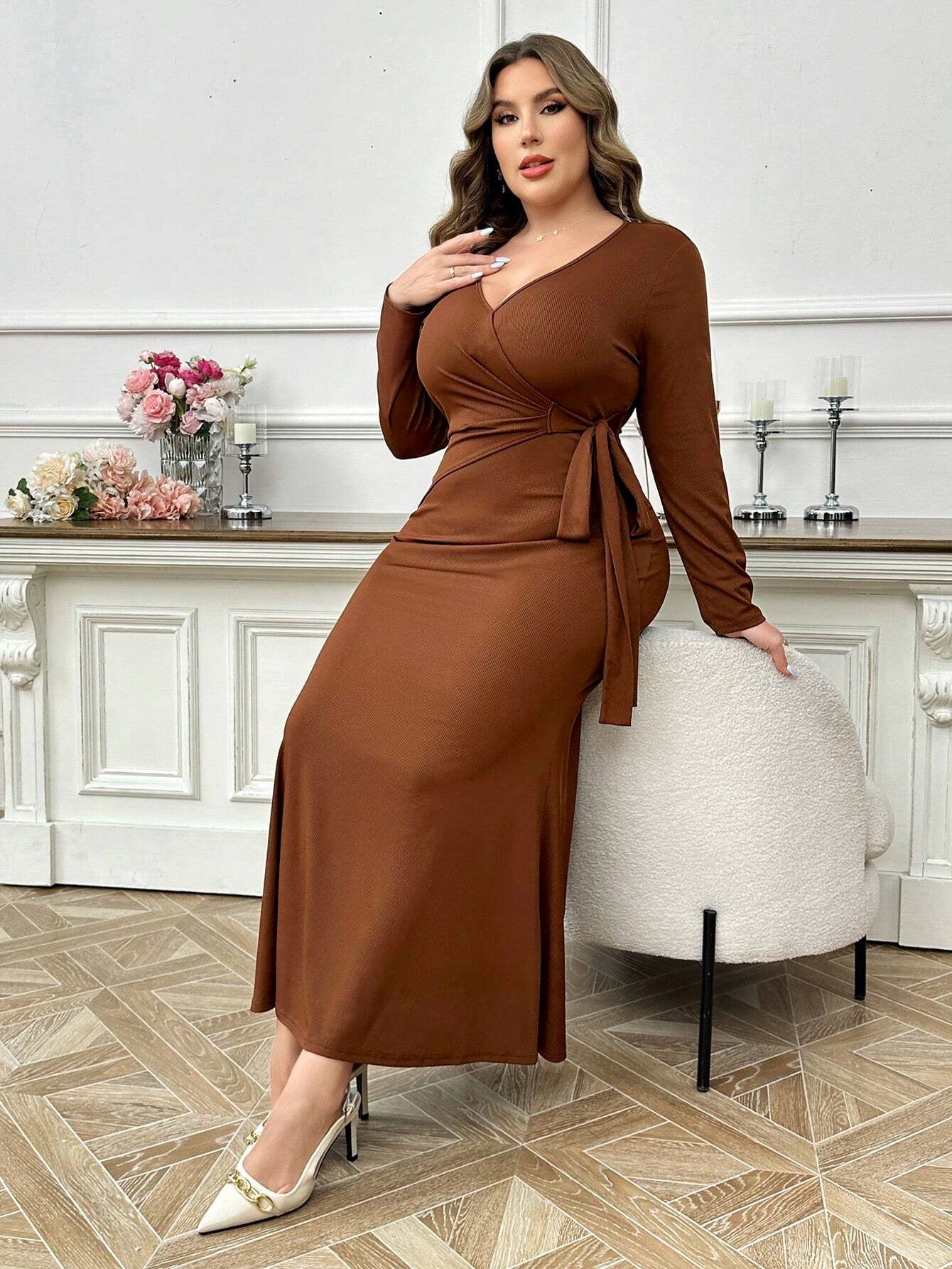 Curve Coffee Brown Tie Wrapped Ankle Length Dress