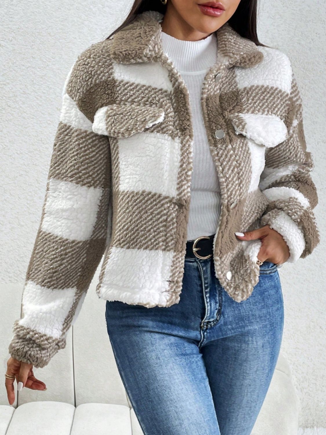 Decorative Pocket Flap Plaid Jacket