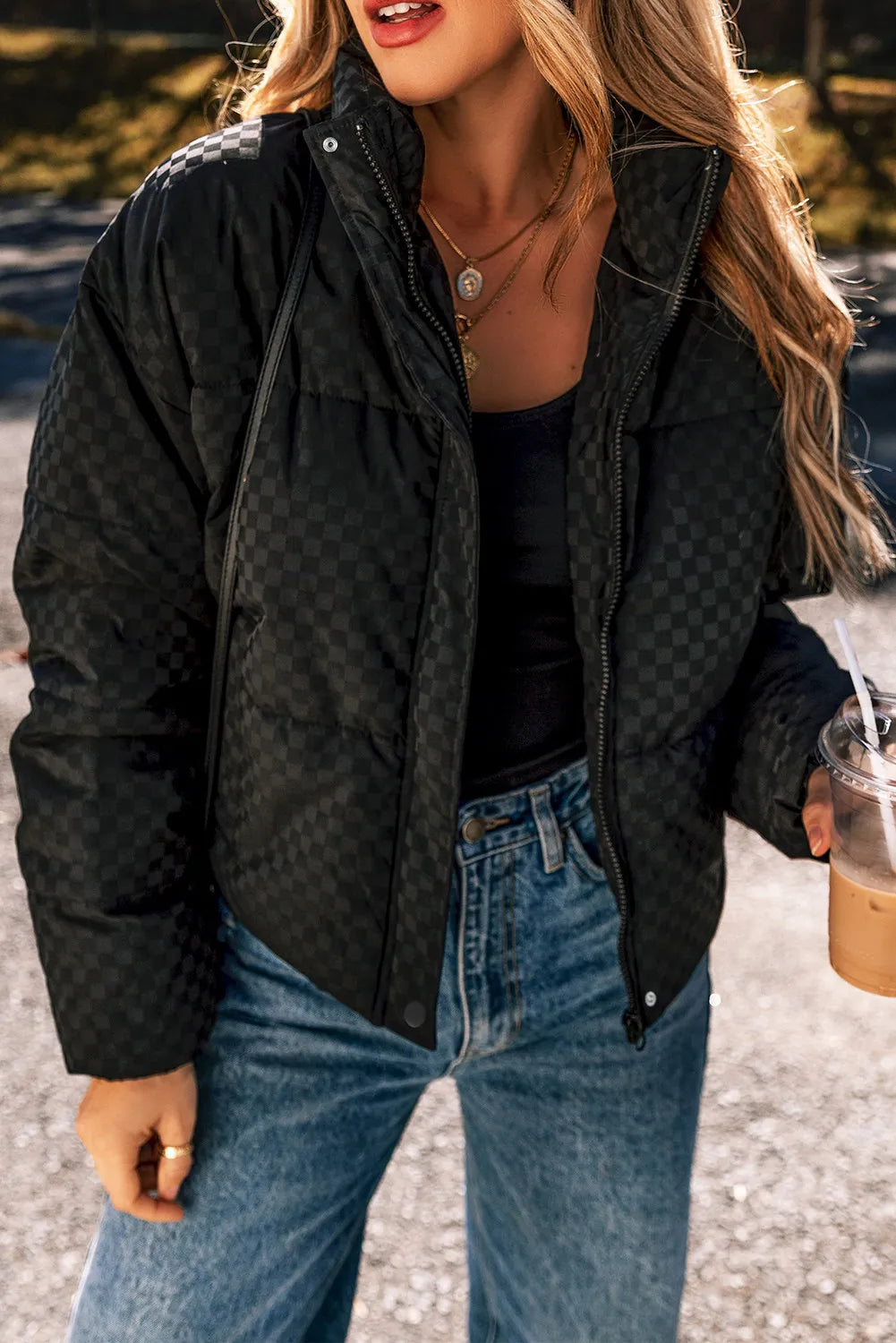 Checkered Turtleneck Zip Up Winter Coat