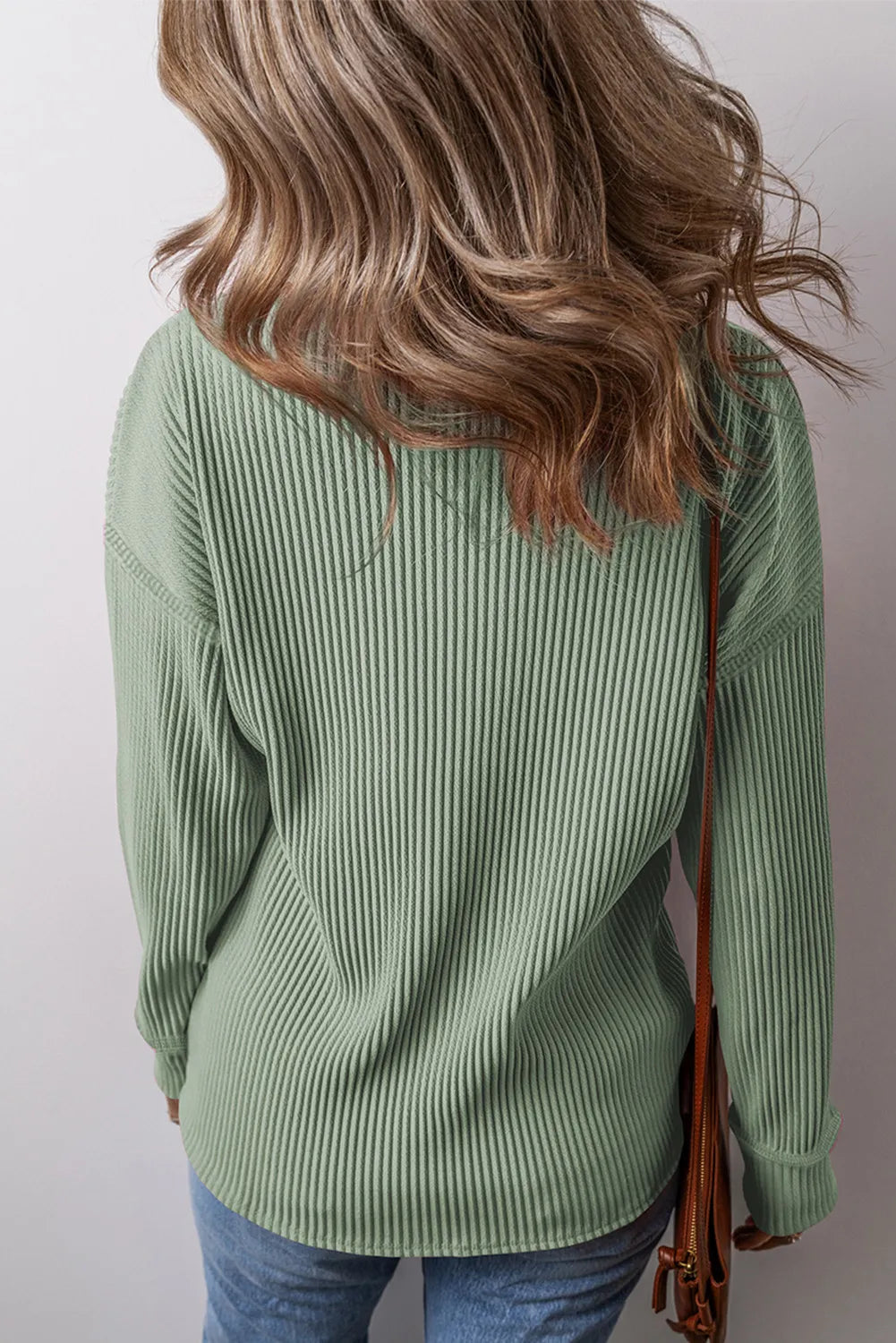 Curve Pocketed Ribbed Round Neck Long Sleeve Top