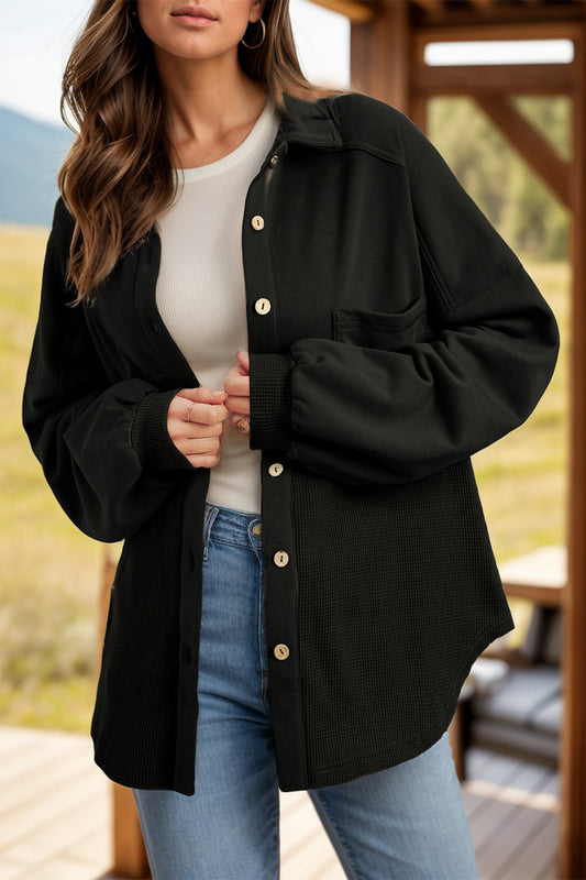 Waffle-Knit Collared Neck Shacket