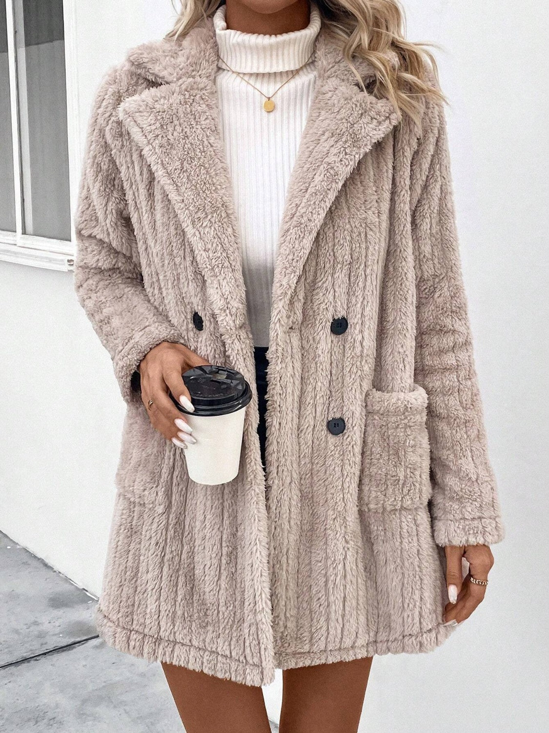 Fuzzy Button Up Coat with Pockets