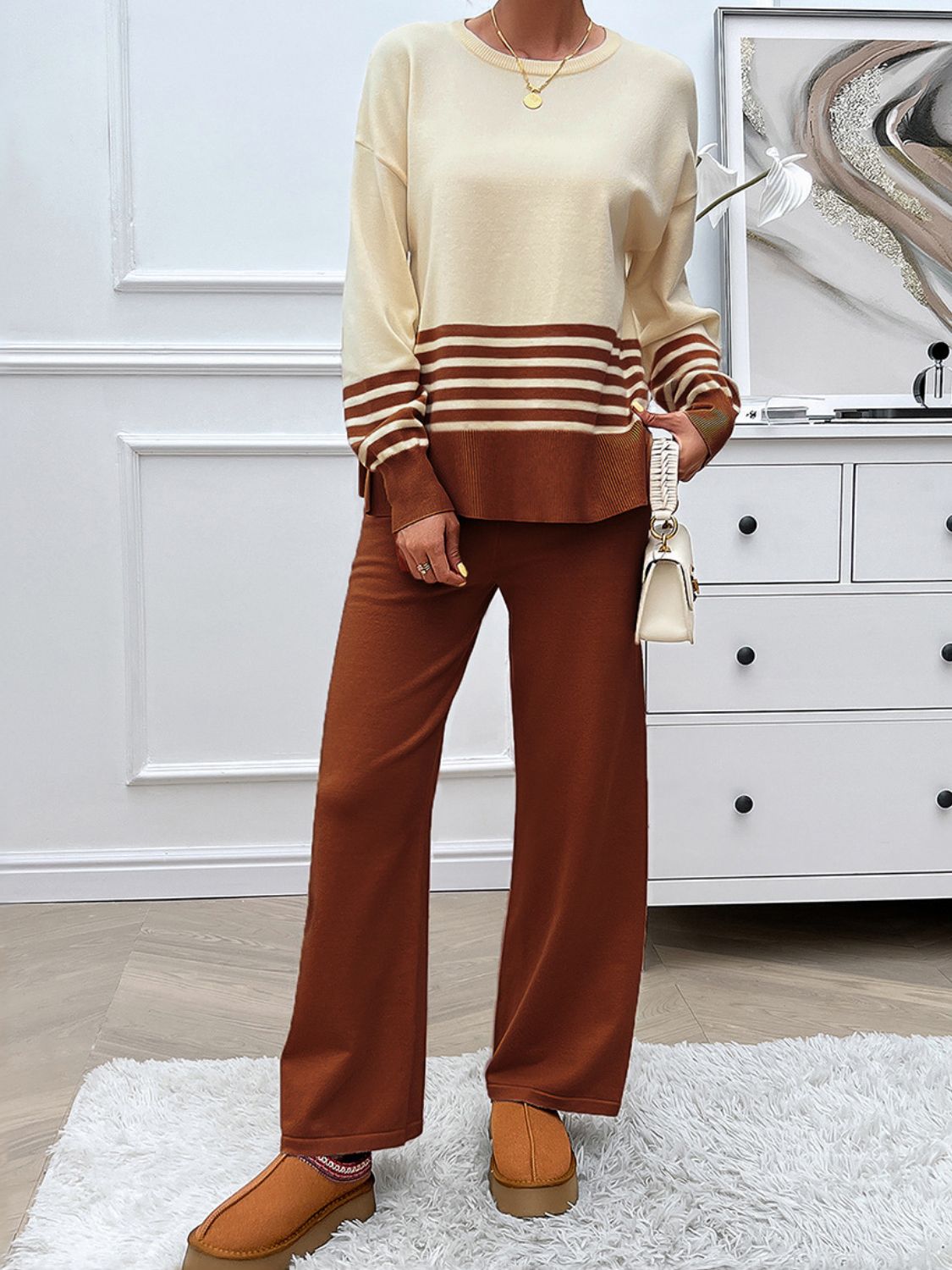 Striped Round Neck Top and Pants Sweater Set