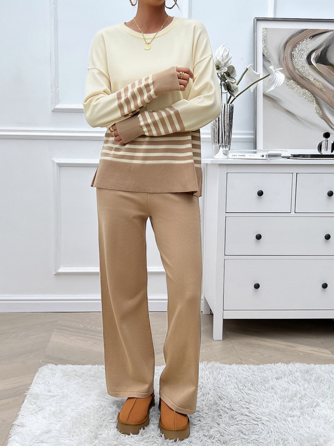 Striped Round Neck Top and Pants Sweater Set