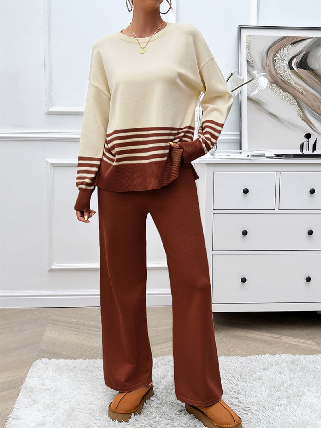 Striped Round Neck Top and Pants Sweater Set