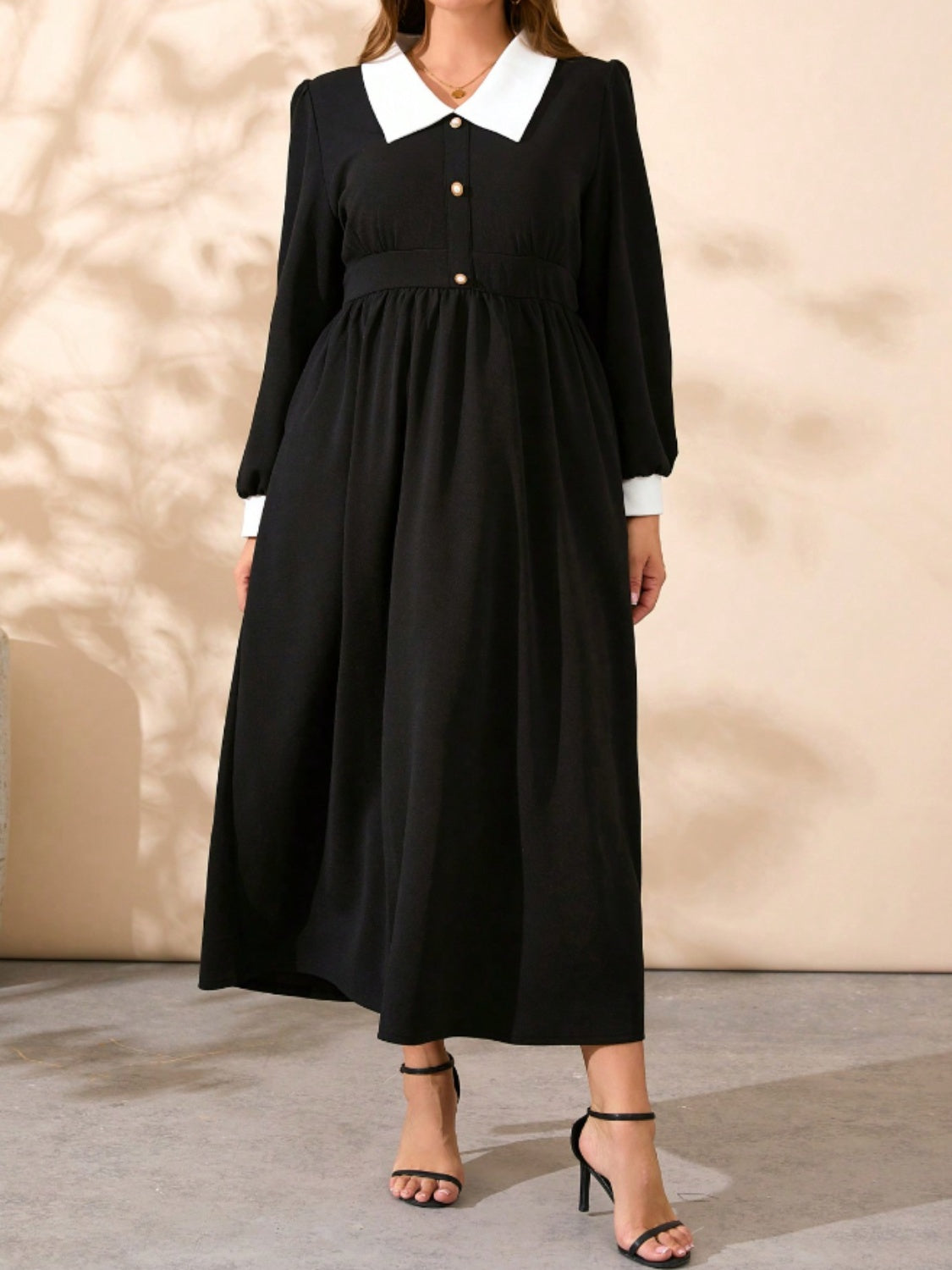 Curve Contrast Collared Neck Long Sleeve Midi Dress