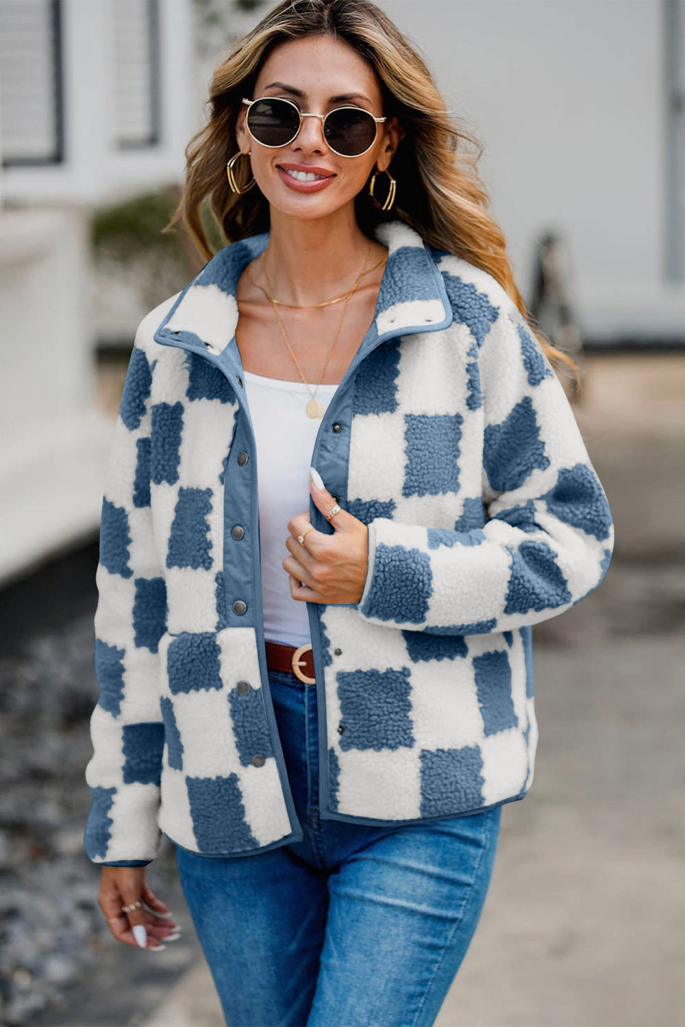 Checkered Snap Down Teddy Jacket