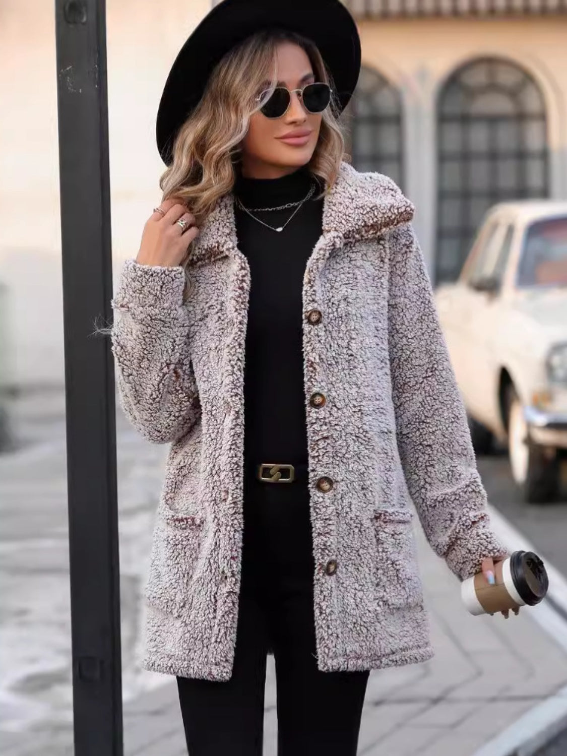 Pocketed Collared Neck Plush Jacket