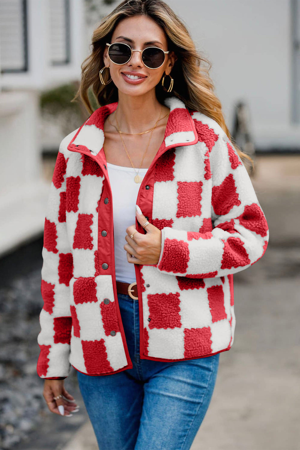 Checkered Snap Down Teddy Jacket