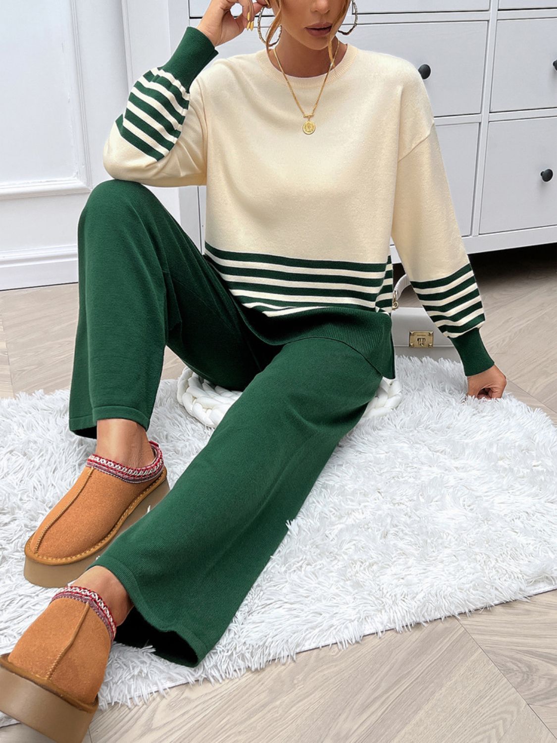 Striped Round Neck Top and Pants Sweater Set