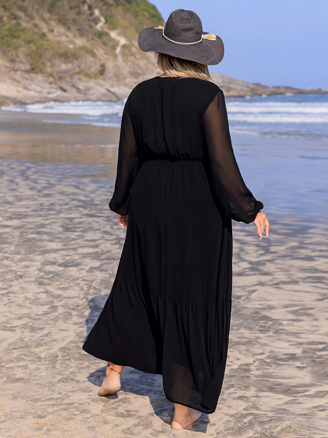 Curve Embroidered Tie Neck Long Sleeve Dress