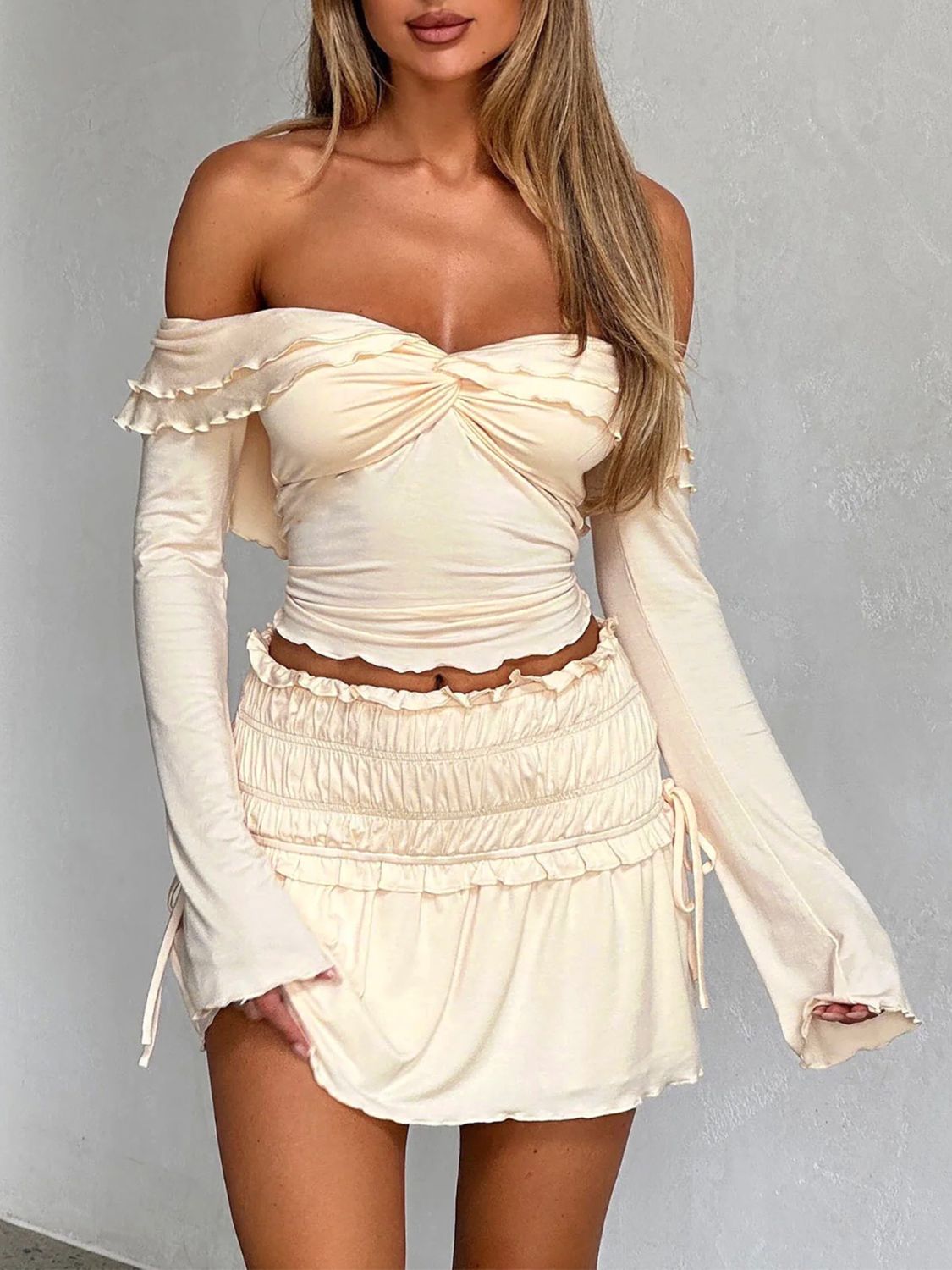 Twisted Ruffled Off-Shoulder Long Sleeve T-Shirt