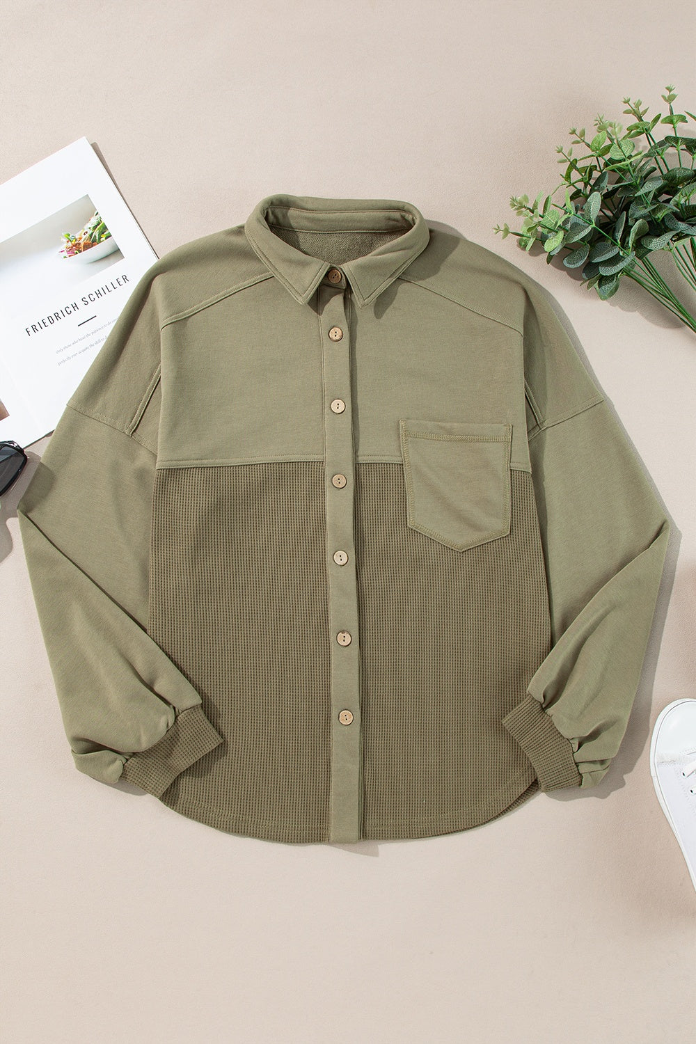 Waffle-Knit Collared Neck Shacket