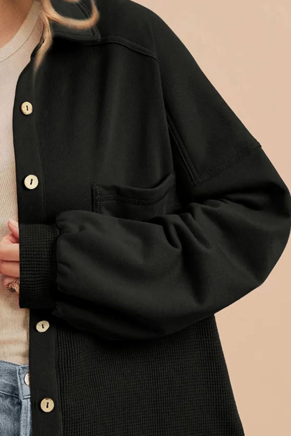 Waffle-Knit Collared Neck Shacket