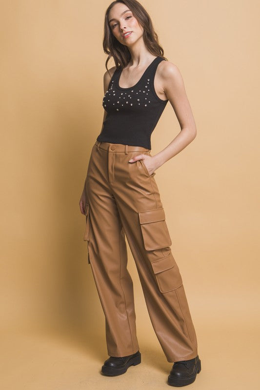 Faux Leather Cargo Pants