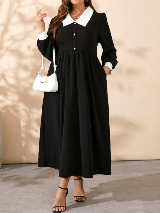 Curve Contrast Collared Neck Long Sleeve Midi Dress