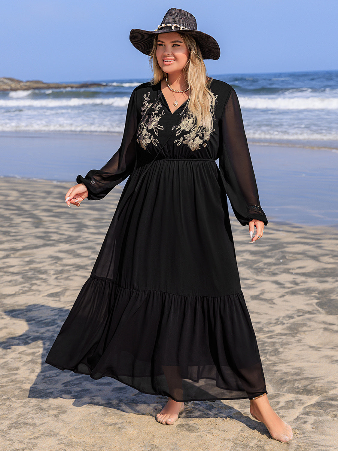Curve Embroidered Tie Neck Long Sleeve Dress
