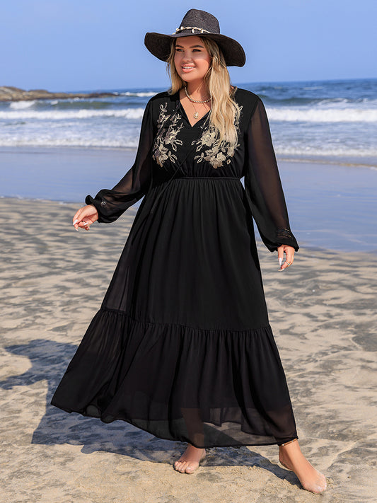 Curve Embroidered Tie Neck Long Sleeve Dress