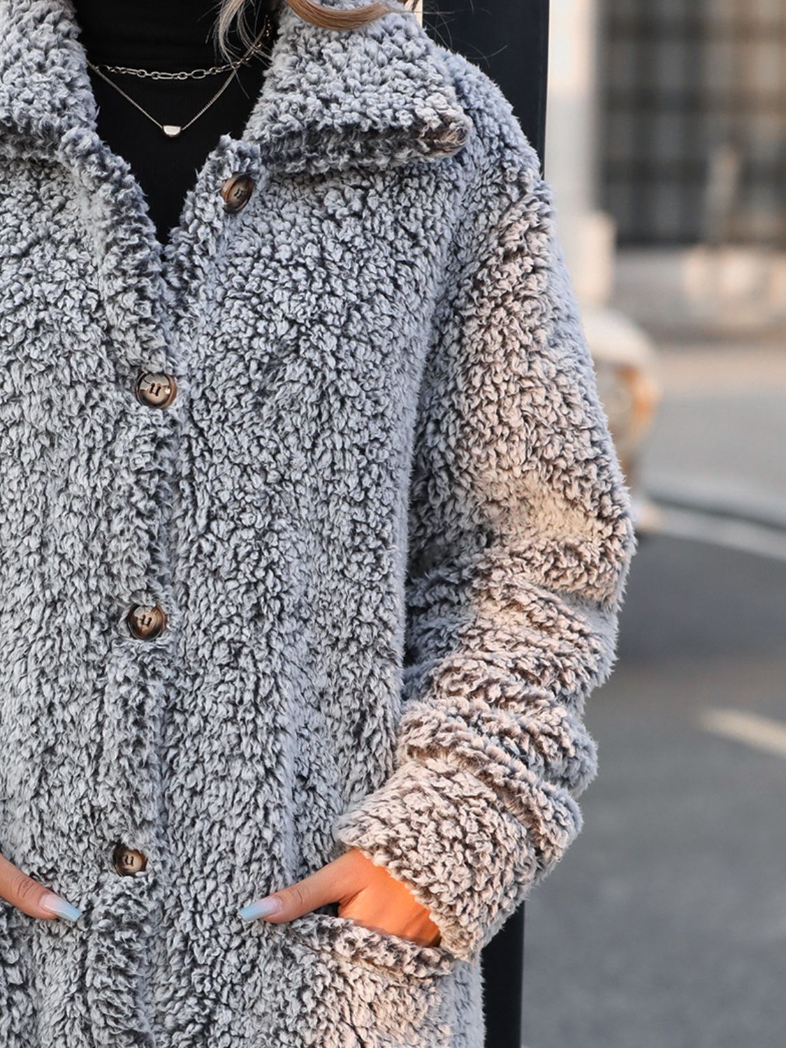Pocketed Collared Neck Plush Jacket
