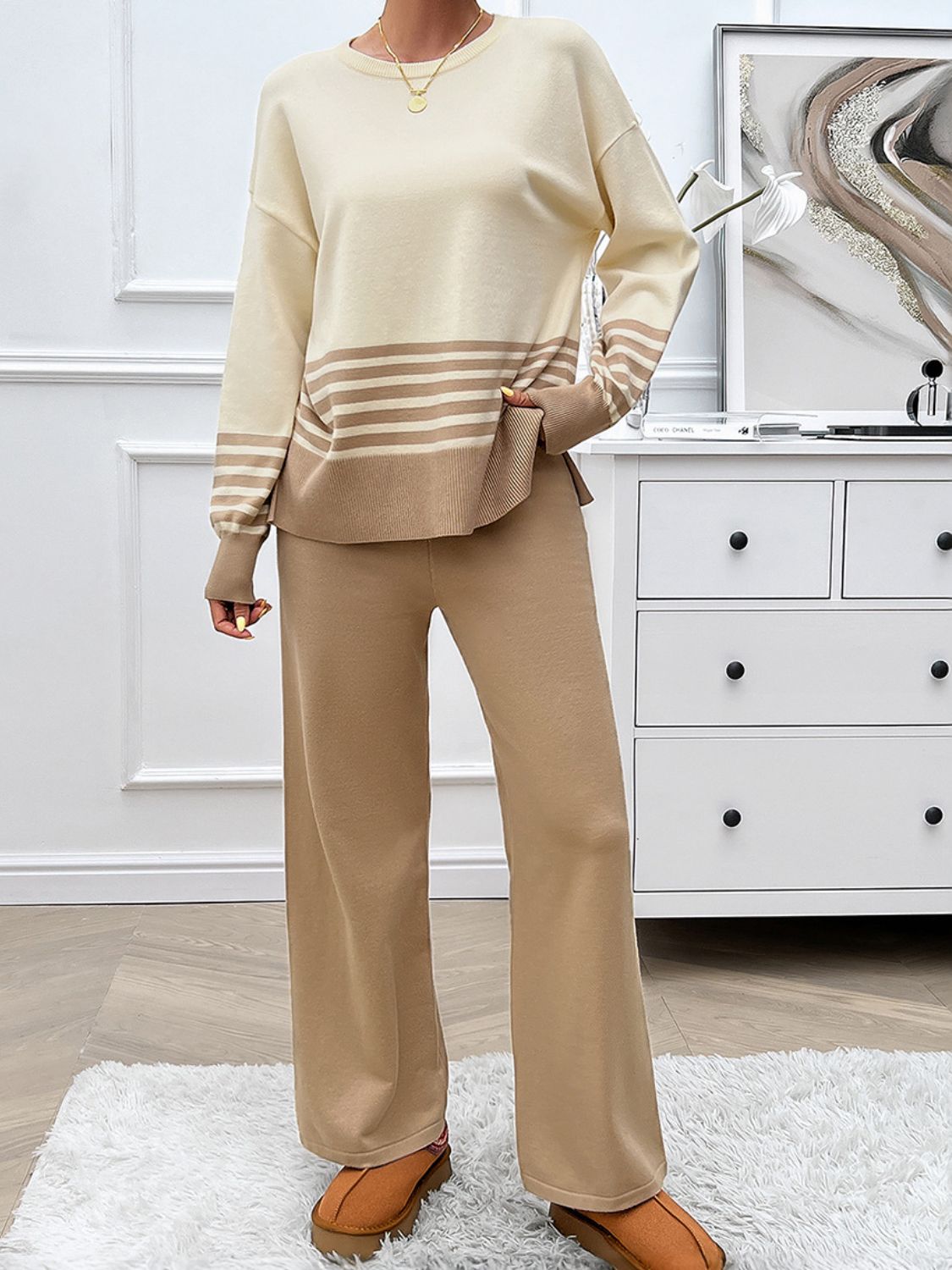 Striped Round Neck Top and Pants Sweater Set