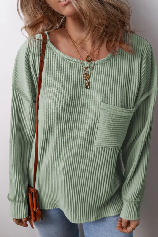 Curve Pocketed Ribbed Round Neck Long Sleeve Top