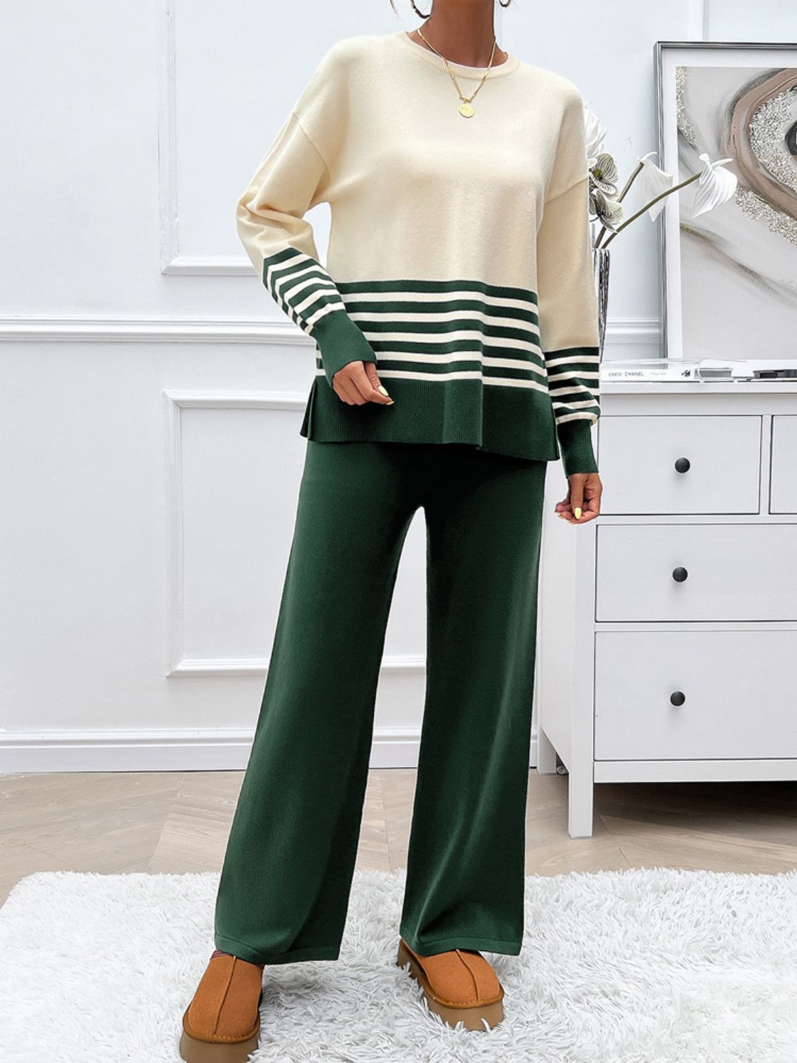 Striped Round Neck Top and Pants Sweater Set