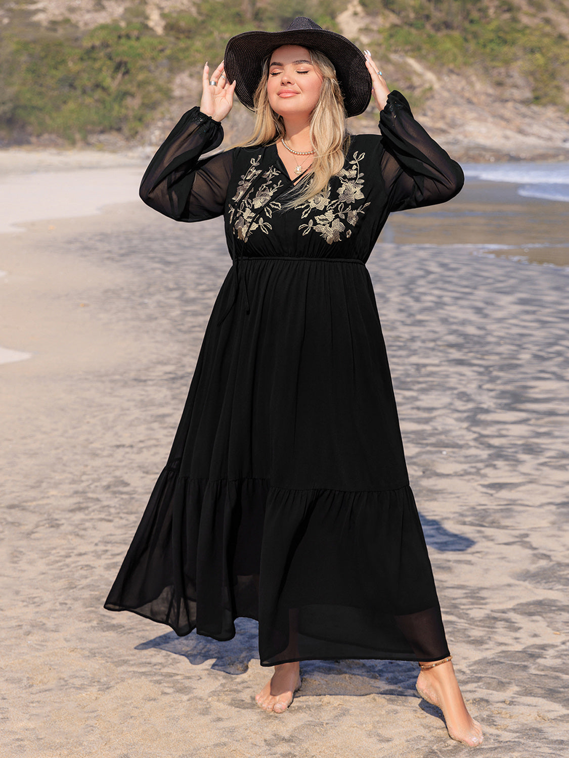 Curve Embroidered Tie Neck Long Sleeve Dress