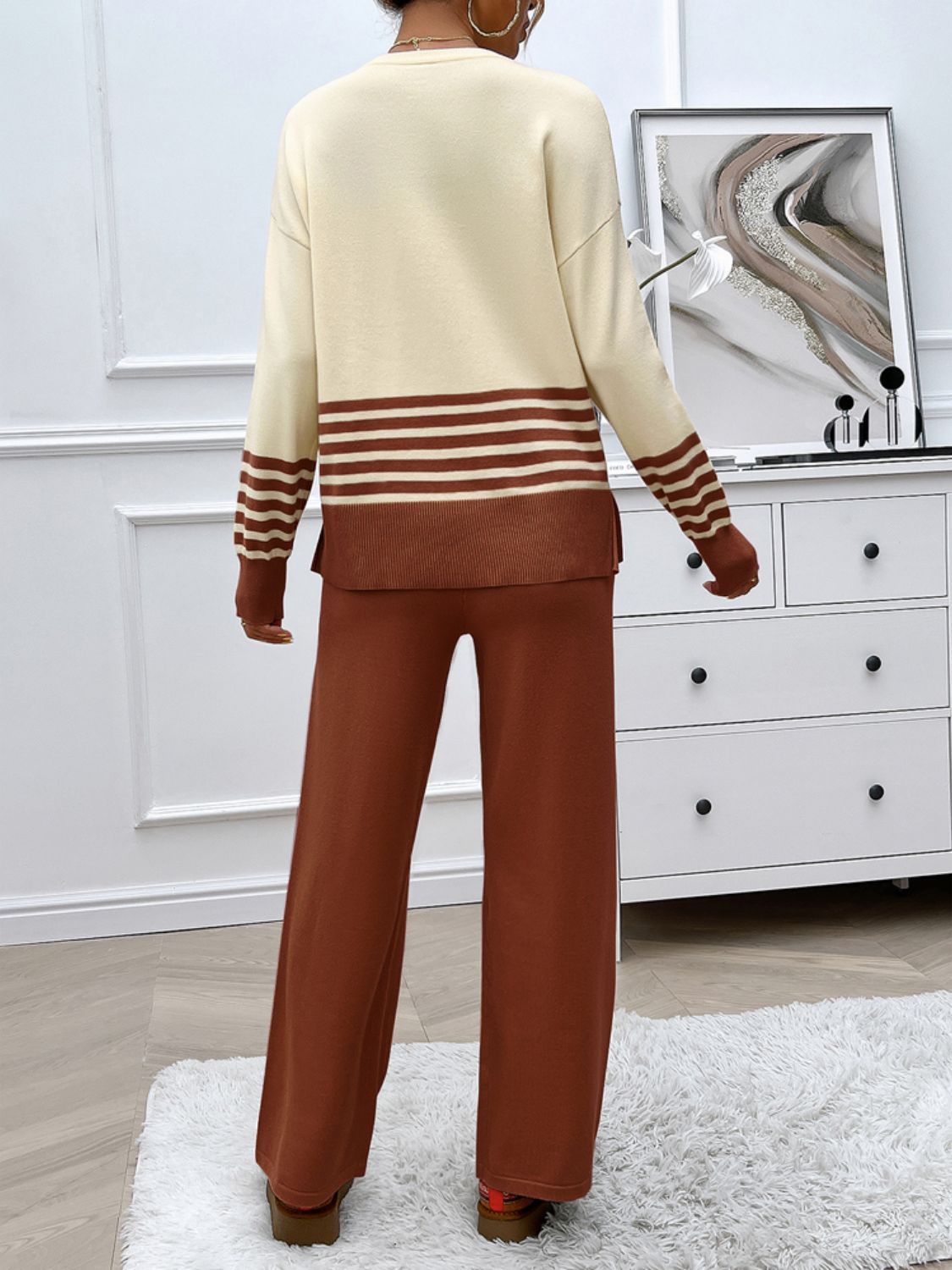Striped Round Neck Top and Pants Sweater Set