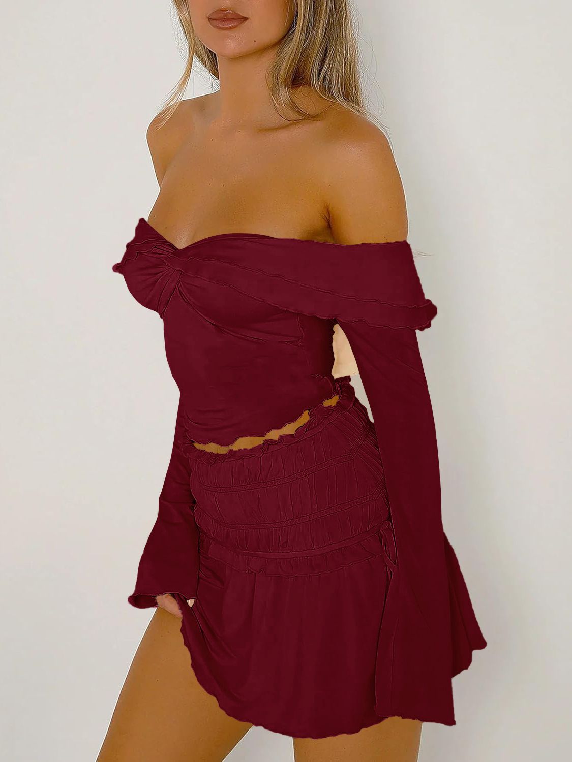 Twisted Ruffled Off-Shoulder Long Sleeve T-Shirt