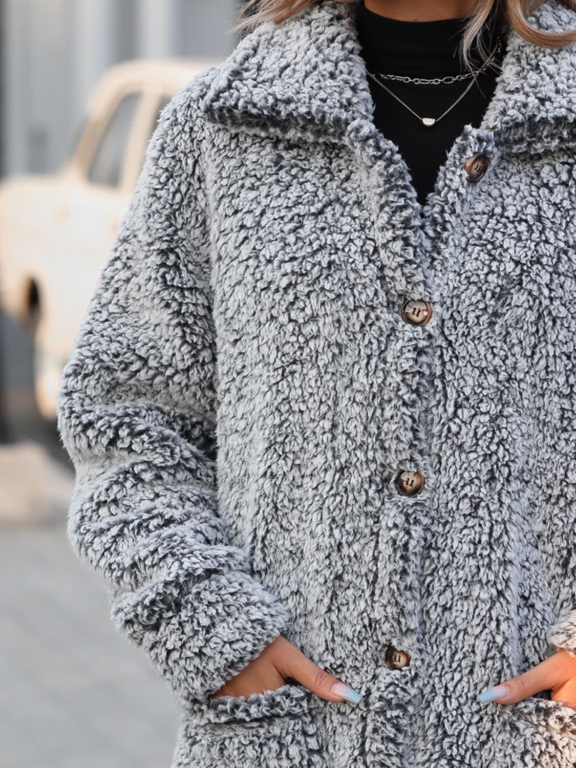 Pocketed Collared Neck Plush Jacket