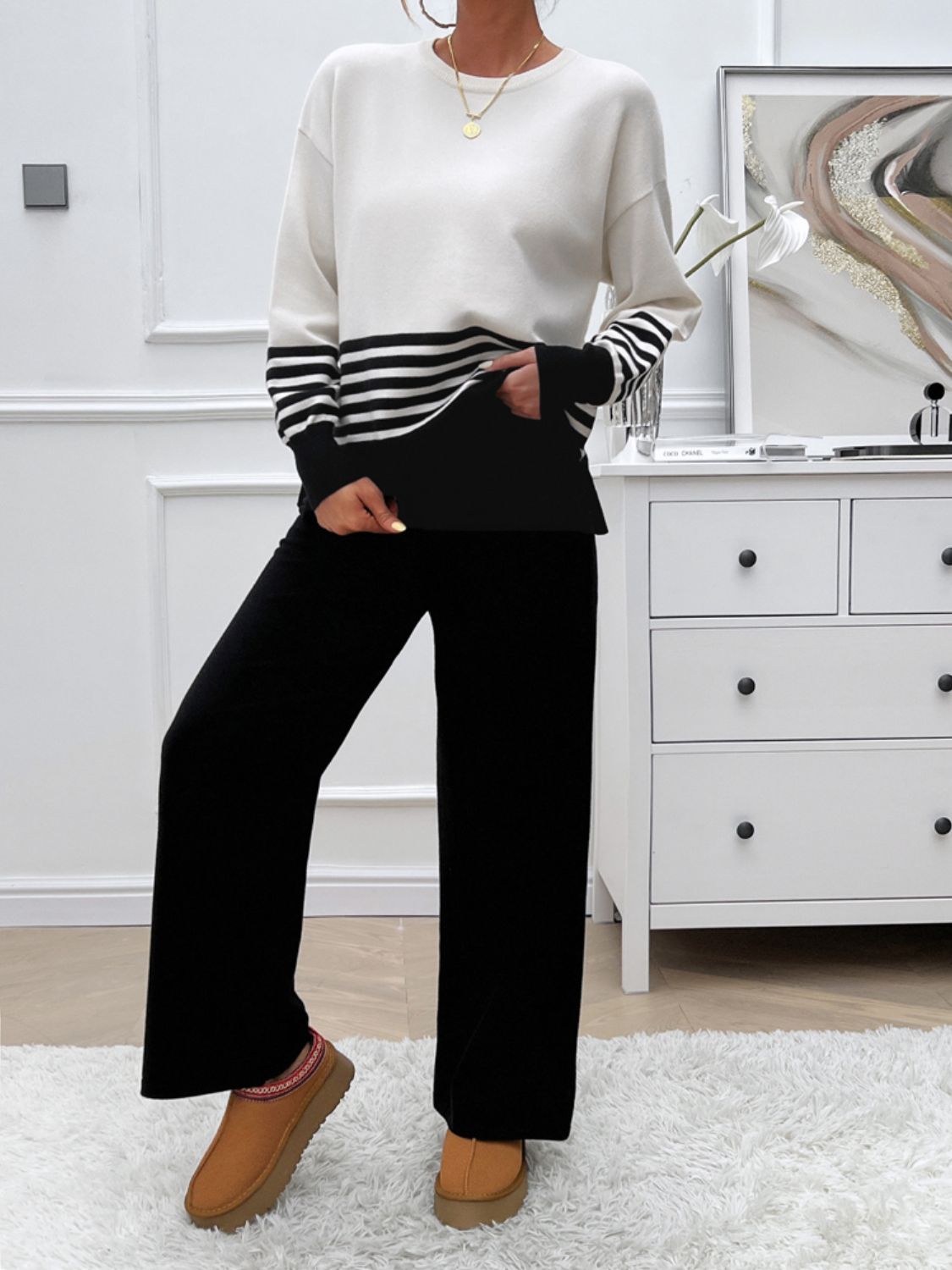 Striped Round Neck Top and Pants Sweater Set
