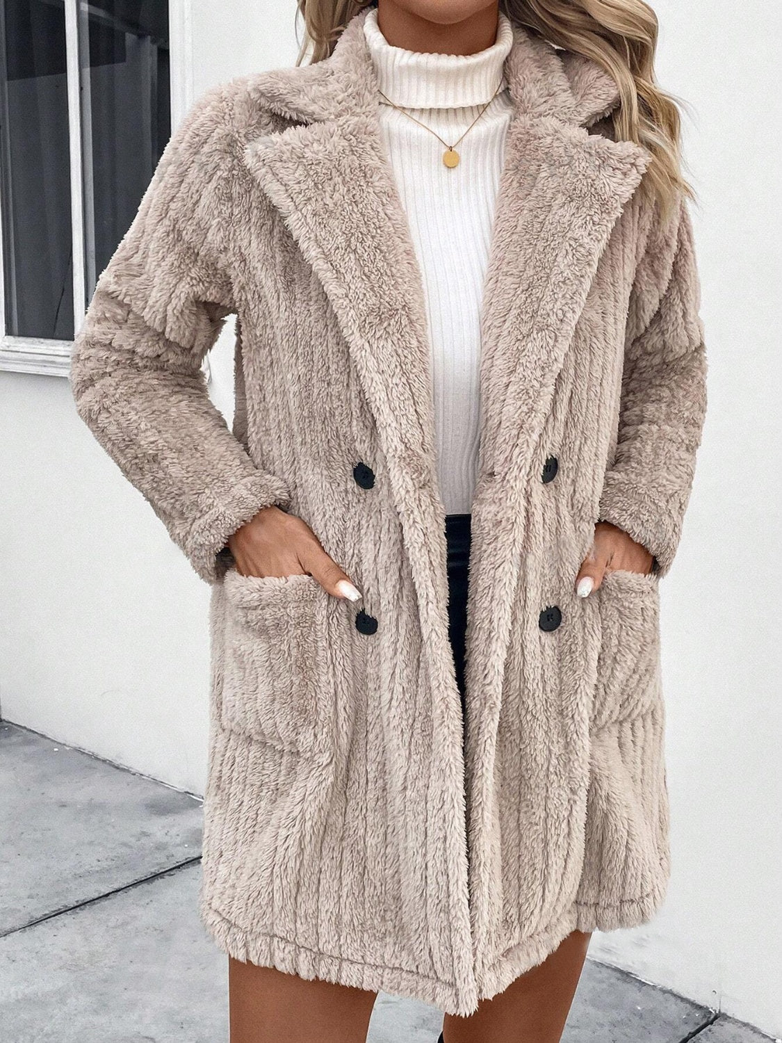 Fuzzy Button Up Coat with Pockets