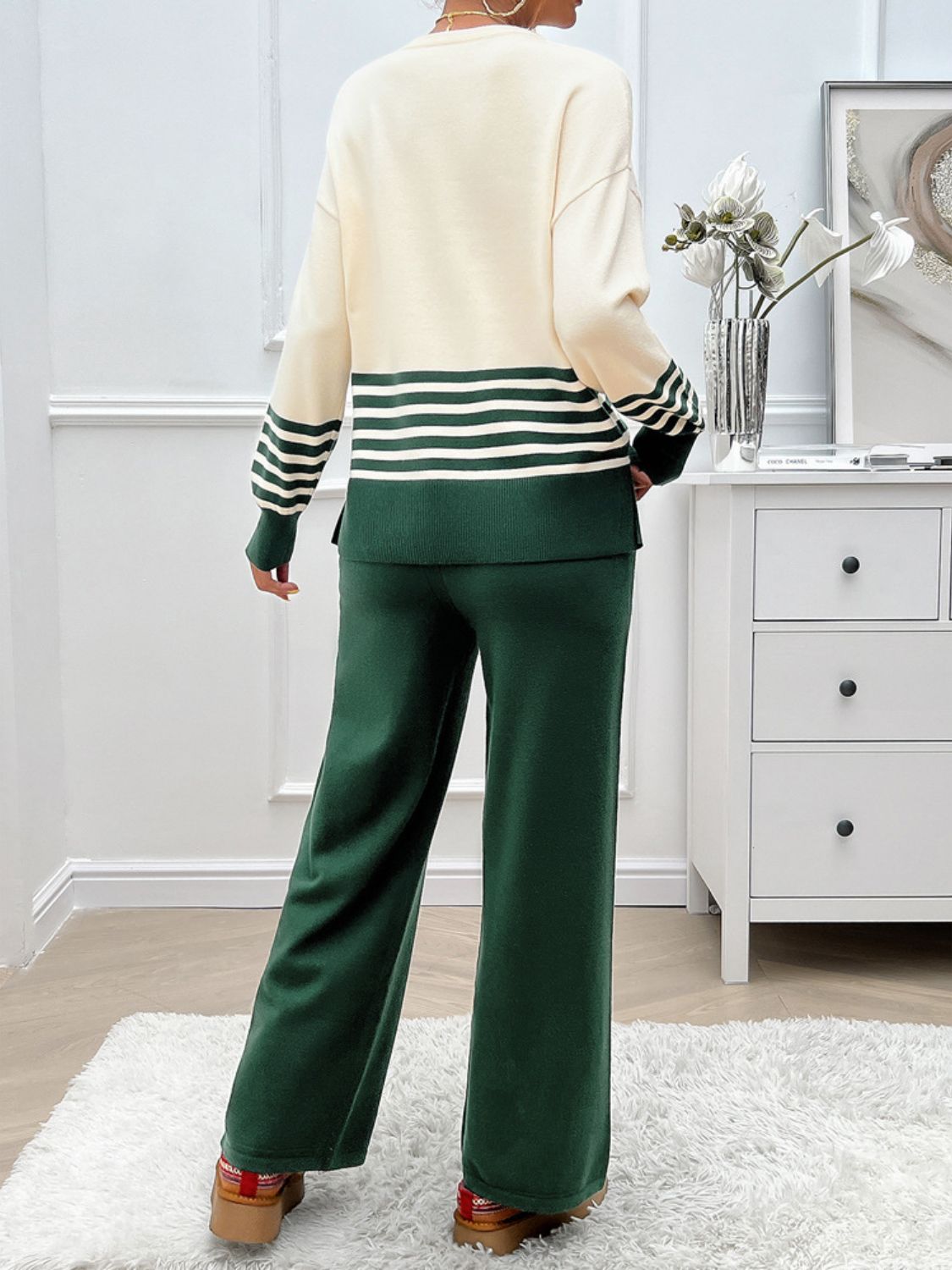Striped Round Neck Top and Pants Sweater Set