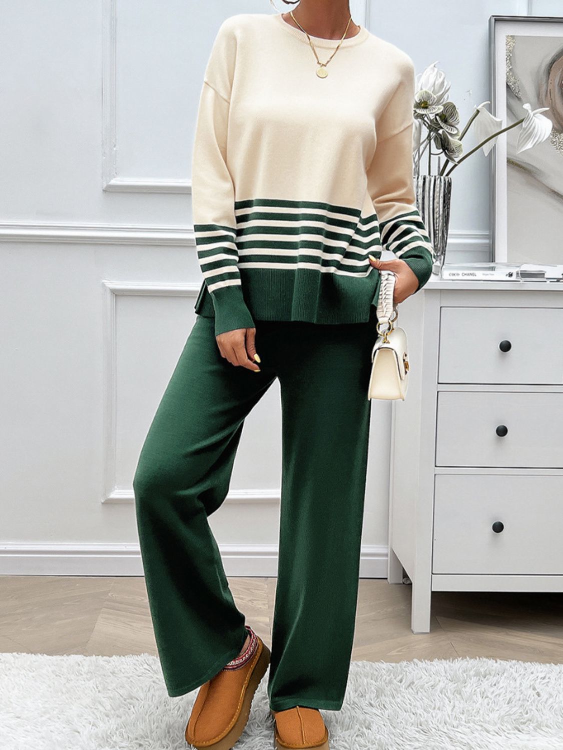 Striped Round Neck Top and Pants Sweater Set