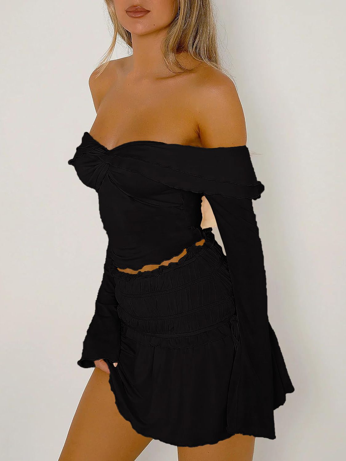 Twisted Ruffled Off-Shoulder Long Sleeve T-Shirt
